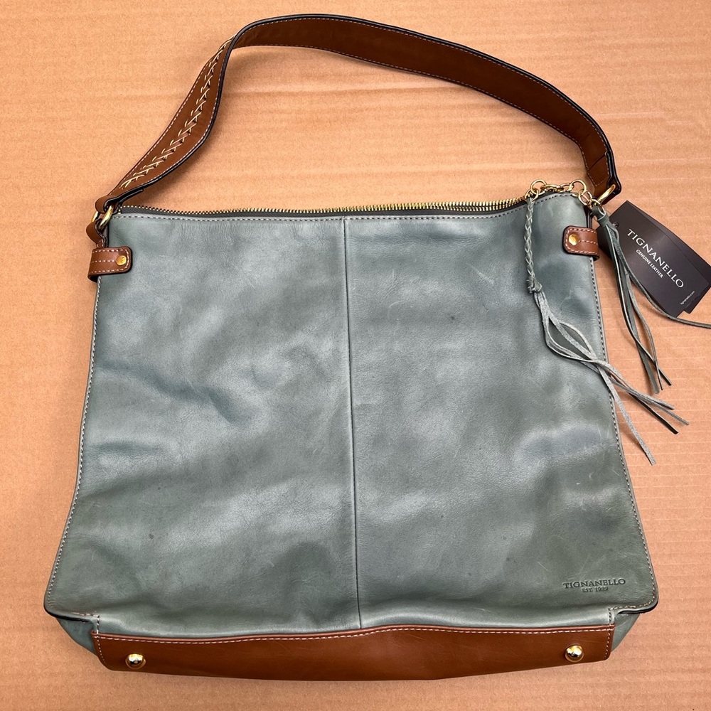 NWT Tignanello Carson Hobo Shoulder Bag Juniper Cognac Genuine Leather READ